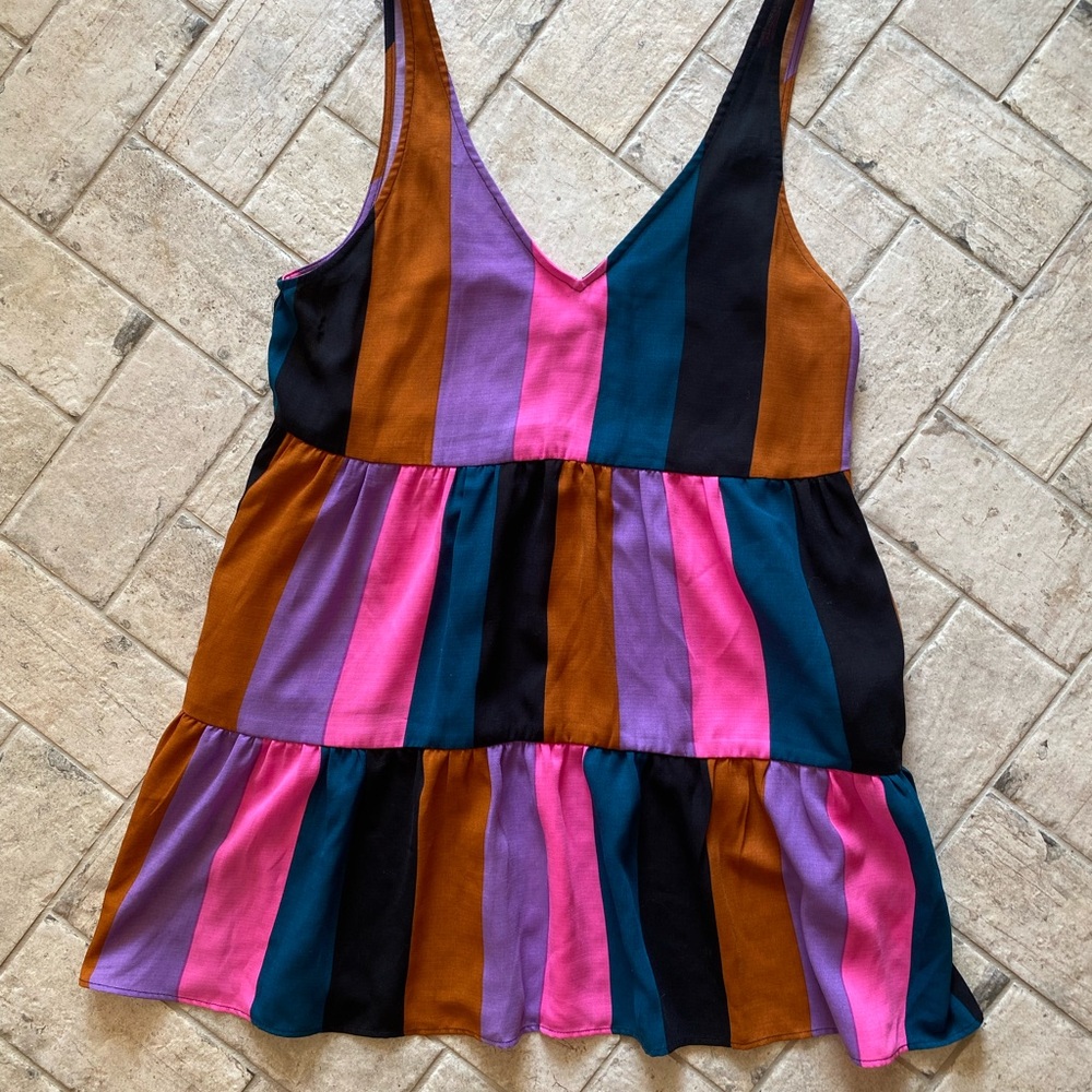 Striped V-Neck Ruffle Hem Tank Top in Multicolor